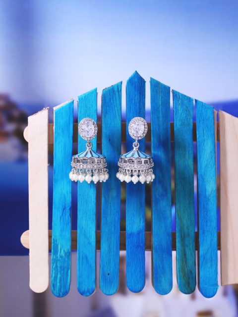 

Studio Voylla Silver-Plated & Blue Handcrafted Dome Shaped Jhumkas