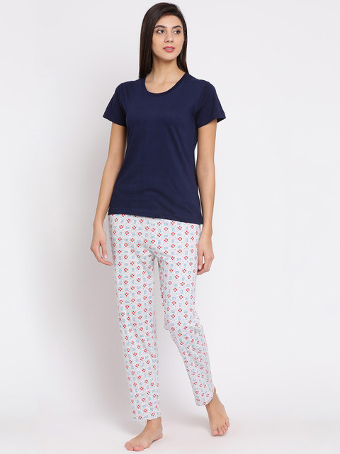 

Clovia Women Navy Blue & White Solid Night suit COMBLT073