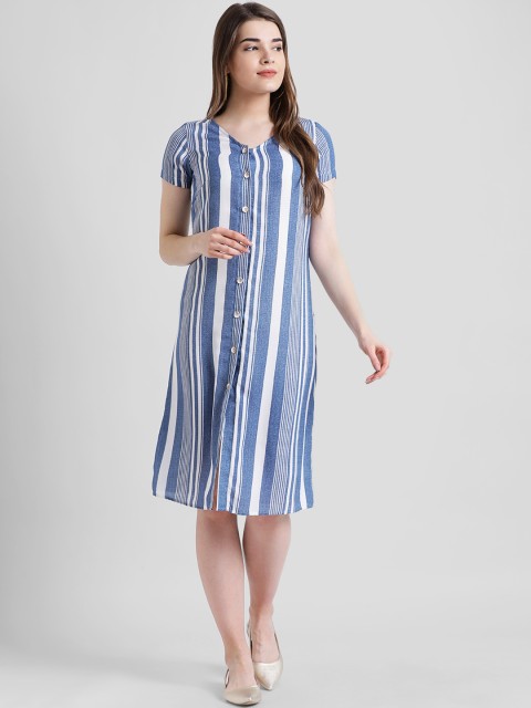 

Zink London Women Blue Striped A-Line Dress