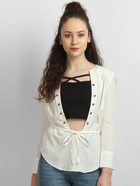 

LA LOFT Women Cream-Coloured Solid Cinched Waist Top