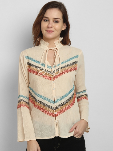

LA LOFT Women Cream-Coloured Self Design Shirt Style Top