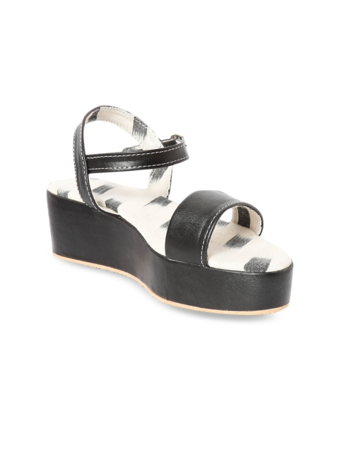

TJORI Women Black Solid Sandals With Ikat Lining