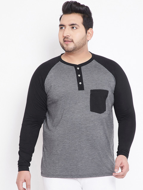 

bigbanana Plus Size Men Grey Solid Henley Neck T-shirt