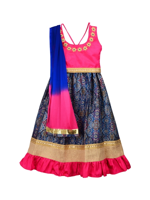 

KID1 Girls Pink & Blue Solid Made to Measure Lehenga & Blouse with Dupatta