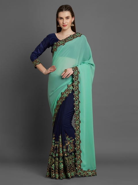 

Mitera Green & Navy Blue Poly Georgette Embroidered Saree