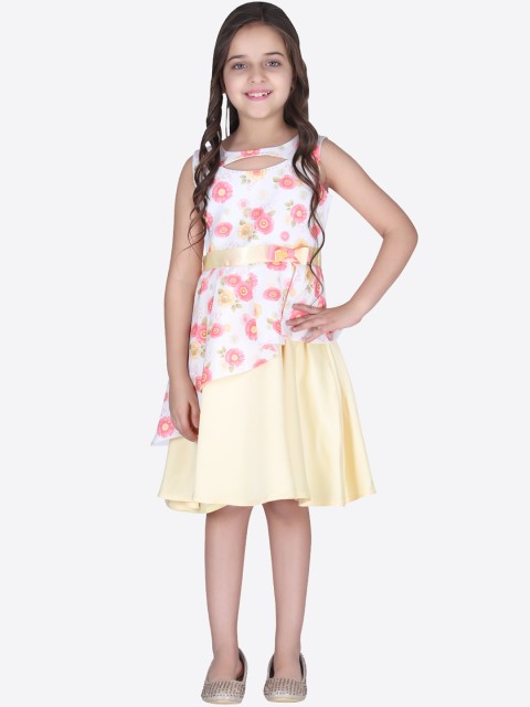 

CUTECUMBER Girls Yellow Printed Fit and Flare Layered Dress