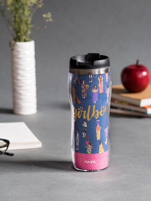 

Chumbak Unisex White & Black Printed Sipper Water Bottle 380 ml, Navy blue