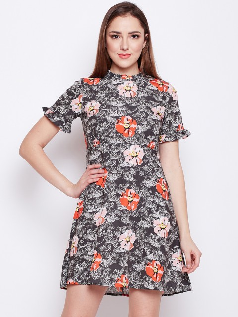 

Oxolloxo Women Grey & Orange Printed Fit and Flare Dress