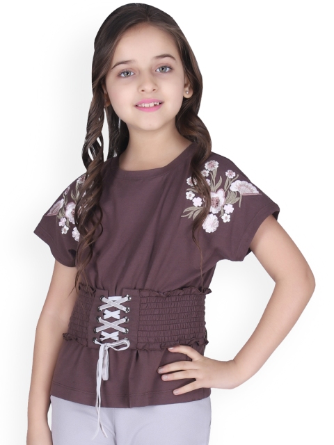 

CUTECUMBER Girls Brown Embroidered Cap Sleeves Cinched Waist Top