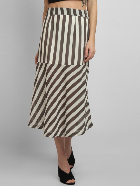 

LA LOFT Women White & Brown Striped Trumpet Midi Skirt