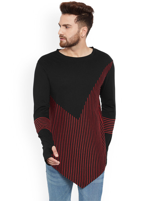 

Hypernation Men Red & Black Striped Asymmetric Hem T-shirt