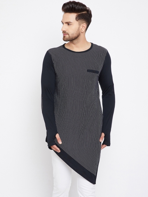 

Hypernation Men Black Striped Round Neck Longline T-shirt