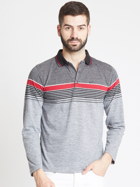 

Okane Men Grey Striped Polo Collar T-shirt