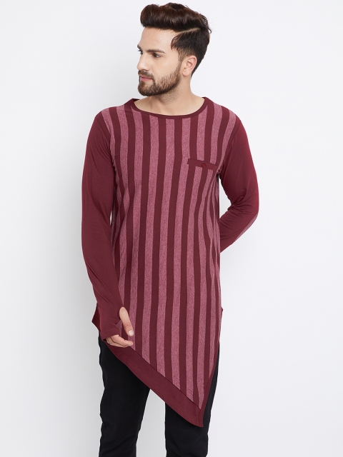 

Hypernation Men Maroon Striped Asymmetric Hem T-shirt