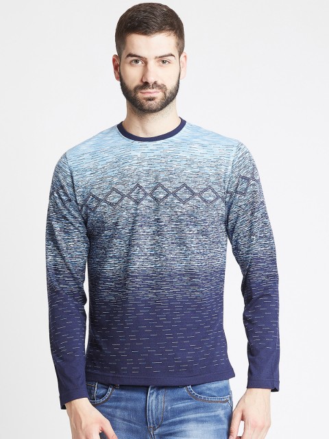 

Okane Men Blue Printed Round Neck T-shirt