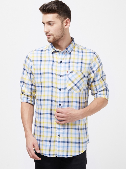 

Solemio Men White & Yellow Regular Fit Checked Casual Shirt