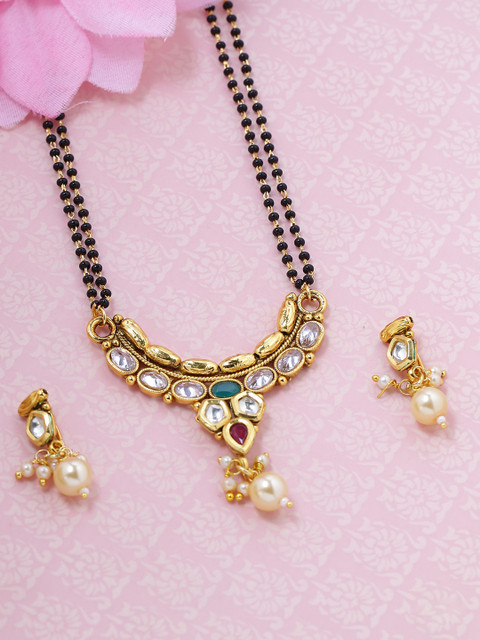 

Voylla Women Gold-Plated & Black Beaded Kundan Mangalsutra with Earrings Set
