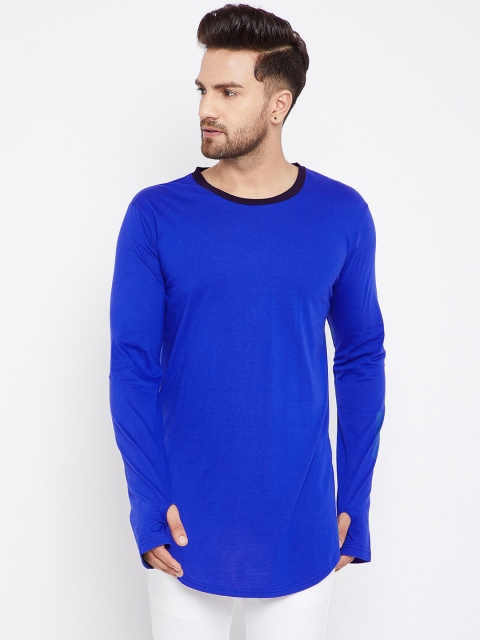 

Hypernation Men Blue Solid Round Neck Longline T-shirt