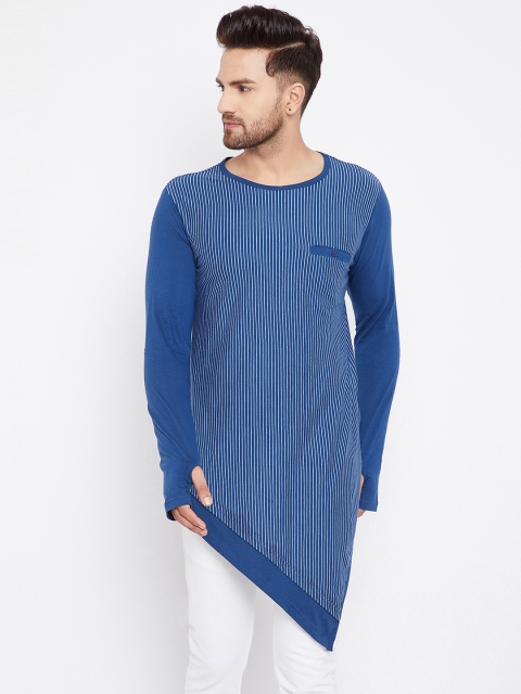 

Hypernation Men Blue Striped Round Neck Longline T-shirt