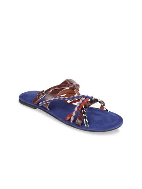 SKO Women Brown & Blue Woven Design Leather Open Toe Flats