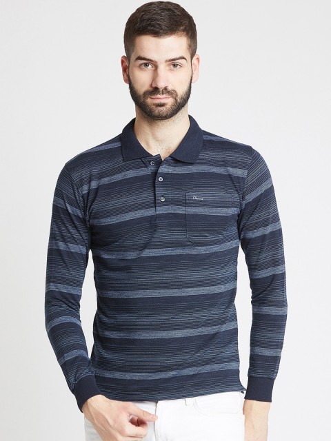 

Okane Men Navy Blue Striped Polo Collar T-shirt