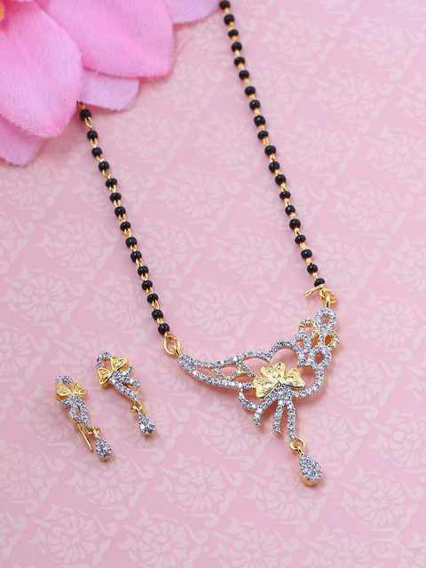 

Voylla Women Gold-Plated & Black Stone-Studded Mangalsutra With Earrings
