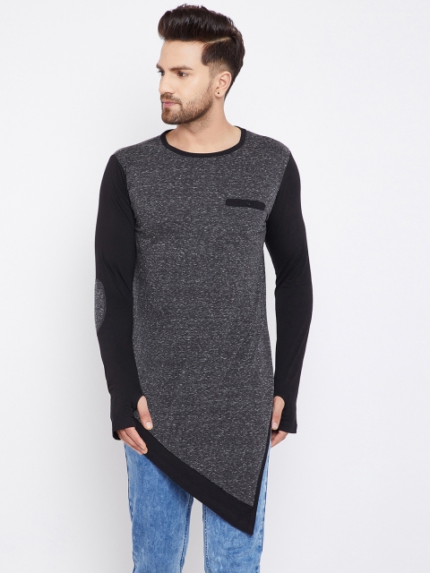 

Hypernation Men Charcoal Grey Colourblocked Round Neck Longline T-shirt