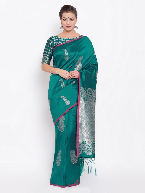 

Kvsfab Teal Blue & Silver-Coloured Silk Blend Woven Design Saree