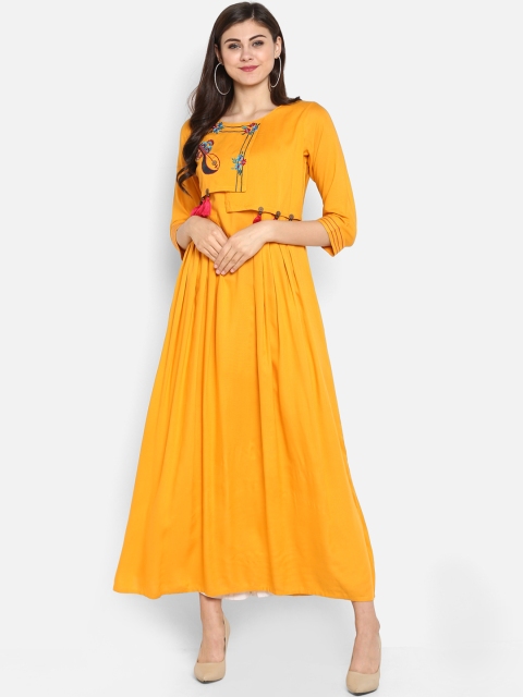 

Janasya Women Mustard Yellow Embroidered Fit and Flare Dress