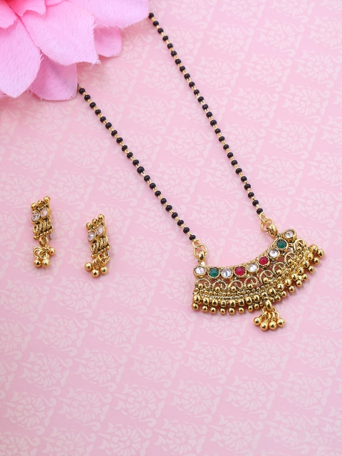 

Voylla Women Gold-Plated & Black Stone-Studded & pearl-Beaded Mangalsutra With Earrings