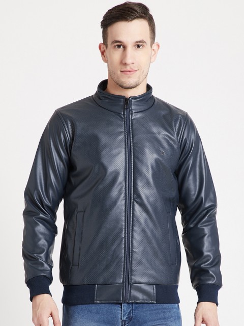 

Okane Men Navy Blue Solid Bomber Jacket