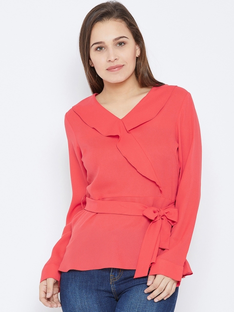 

Imfashini Women Coral Pink Solid Peplum Top