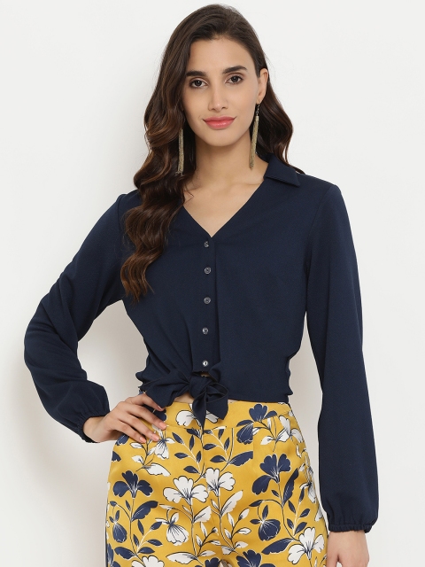 

Kazo Women Navy Blue Slim Fit Solid Cropped Casual Shirt