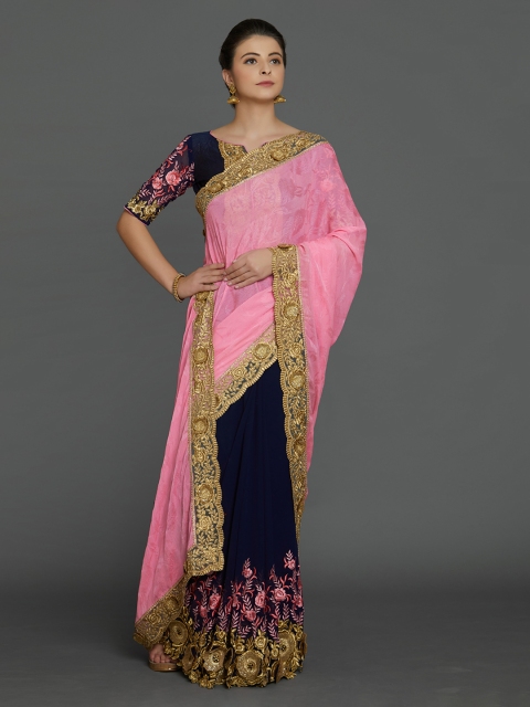 

Mitera Pink & Navy Blue Pure Georgette Embroidered Saree