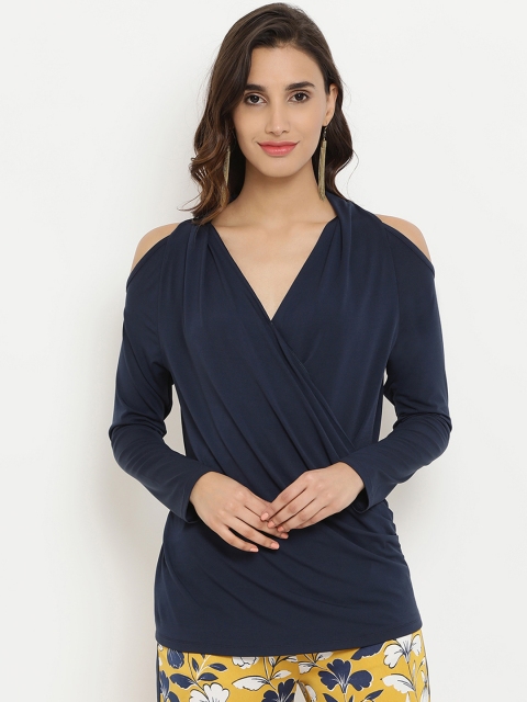 

Kazo Women Navy Blue Solid Cold-Shoulder Sleeves Wrap Top