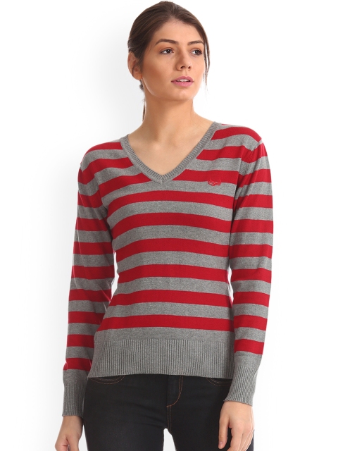 

Flying Machine Women Grey & Red Striped Sweater