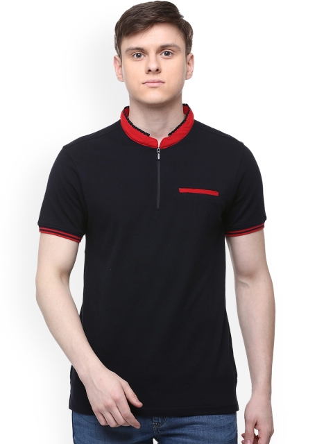 

People Men Navy Blue Solid Mandarin Collar T-shirt