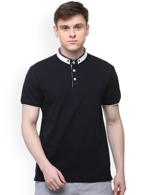 

People Men Navy Blue Solid Mandarin Collar T-shirt
