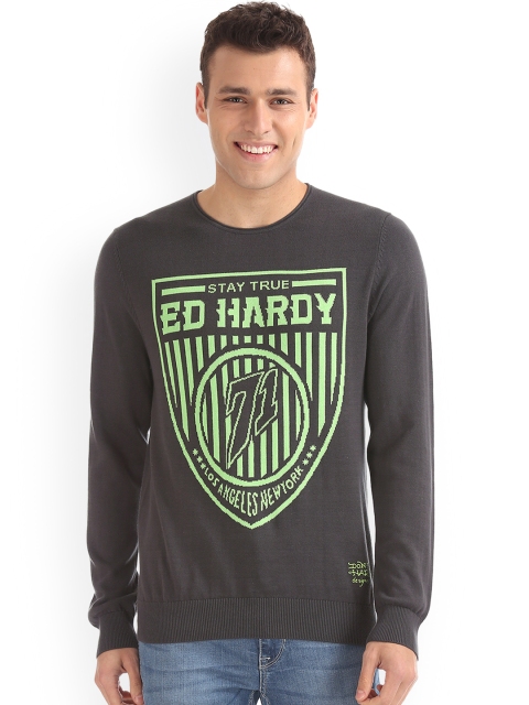 

Ed Hardy Men Grey Printed Sweater