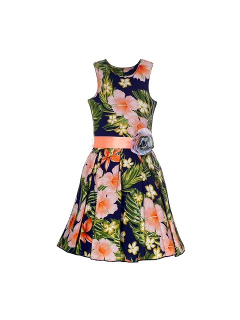 

naughty ninos Girls Navy Blue Printed Fit and Flare Dress