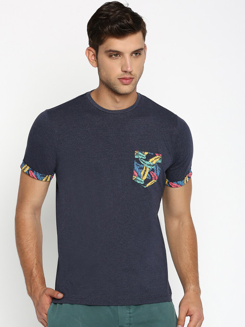 

Basics Men Navy Blue Printed Round Neck T-shirt