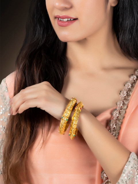 

Rubans Set Of 2 Gold Plated & Emerald Studded Bangle