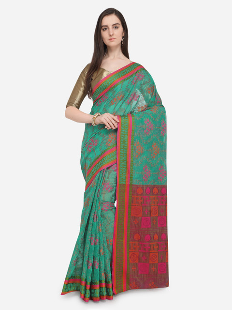 

Saree Swarg Sea Green & Red Cotton Blend Woven Design Banarasi Saree
