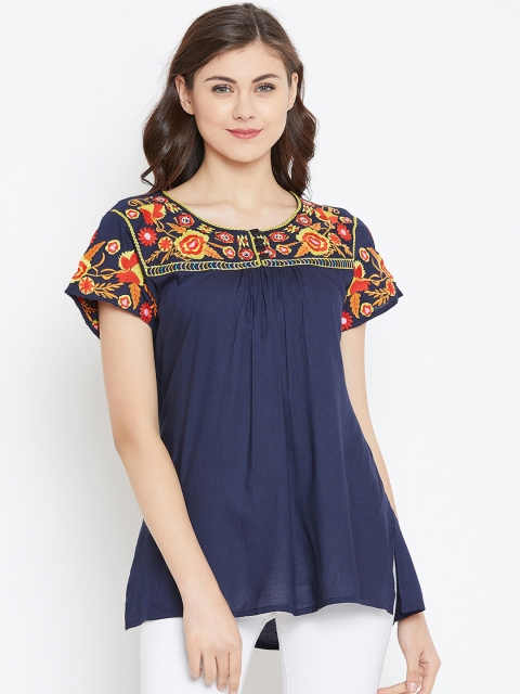 

Toshee Women Navy Blue Embroidered High-Low Top