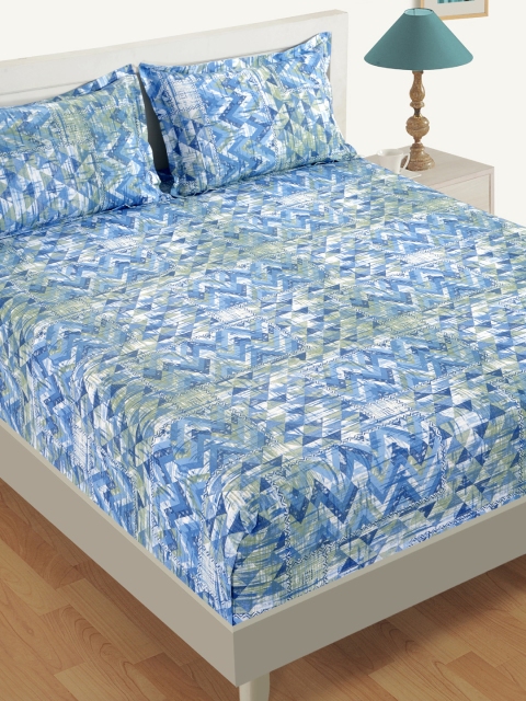 

SWAYAM Blue Geometric 160 TC Cotton 1 King Bedsheet with 2 Pillow Covers