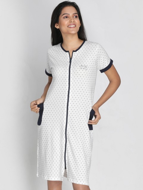 

Clt.s Off-White & Navy Blue Polka Dot Print Pure Cotton Sleep Shirt