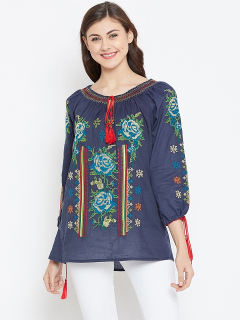 

Toshee Women Navy Blue Embroidered High-Low Pure Cotton Top