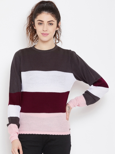 

JUMP USA Women Charcoal Grey & Pink Striped Sweater