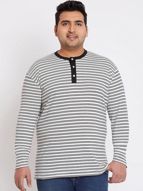 

bigbanana Plus Size Men White Striped Henley Neck T-shirt
