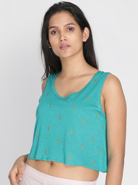 

Clt.s Women Green Printed Lounge Tank Crop Top